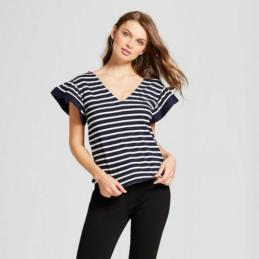 'A New Day' Blue Striped Ruffle Sleeve T-shirt Top