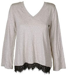 Style & Co V-Neck Sweater. Oatmeal with Black Lace-Trim. MSRP $50